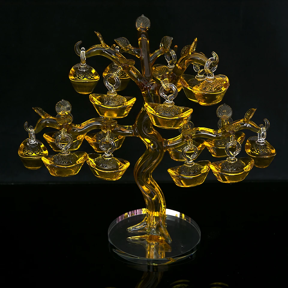 

Chinese Yellow Crystal Glass Gold Ingots Tree Paperweight Feng Shui Crafts Lucky for Home Decoration to Family Promotion