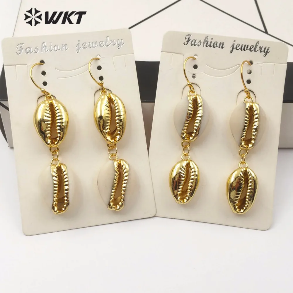 

WT-E517 WKT Wholesale Bohemian Style Exquisite Ladies Earrings Simple Hook With Natural Double Full gold Cowrie Shell Earrings