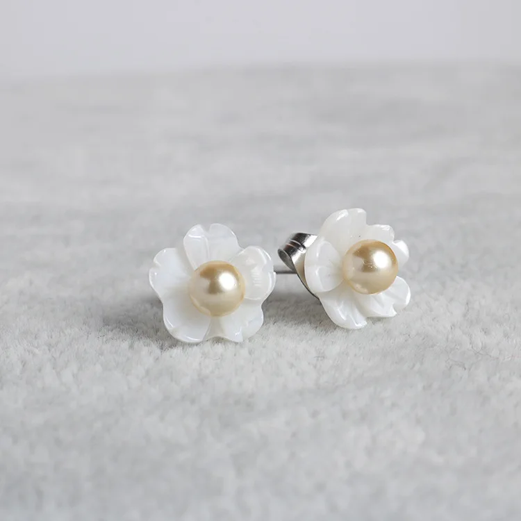 Ancient Style Beautiful Natural Shell Flower 10MM Ear Nail S925  Earrings Stud Post For Women Gift For Girl