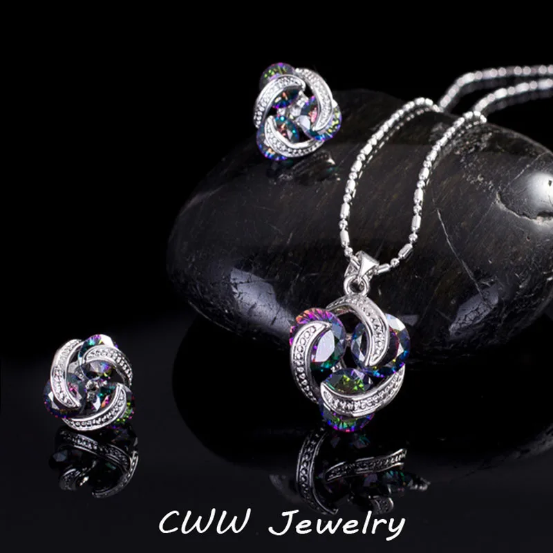 CWWZircons Neue Mode Runde Cut Natürliche Regenbogen Feuer Mystic Kristall Ohrringe Und Halskette Schmuck Sets für Frauen T212
