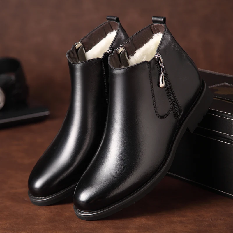 Round Toe Ankle Boot Slip On Leather Snow Boots Men Winter Casual Chelsea Boots Black Mens Winter Shoe