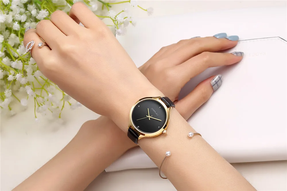 High Quality CRRJU Brand Leather Watch Women Ladies Fashion Dress Quartz Wristwatches Roman Numerals Watches Christmas gift