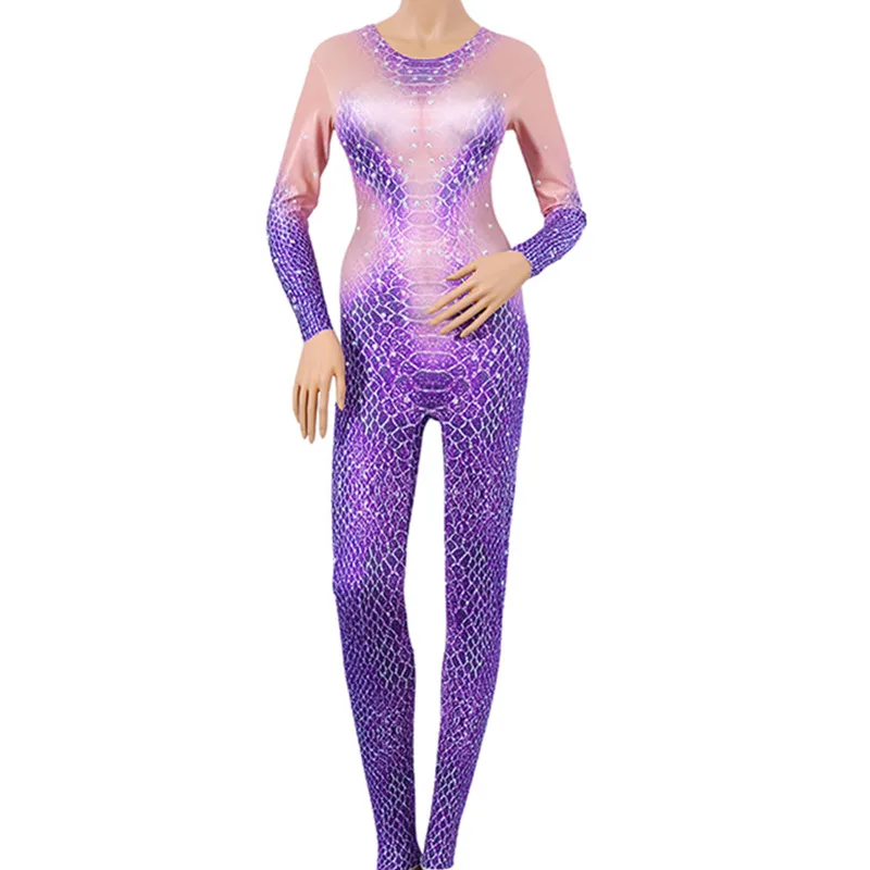 

Dancer Bodysuit Stage Wear Costome Performance Party Celebrate Purple 3D Printing Snake Women Jumpsuit Nightclub Dj Costume