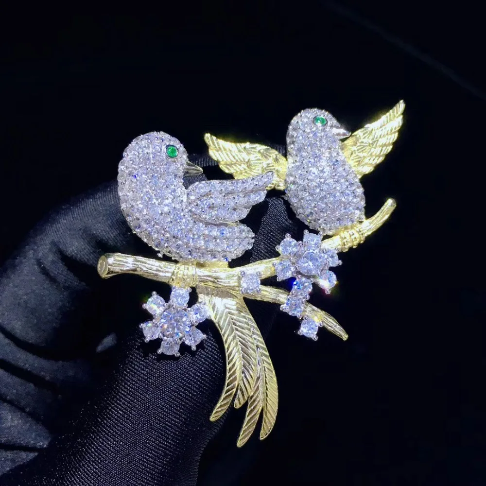 

double birds brooch 925 sterling silver with cubic zircon cute romantic fine women jewelry pave stone high quality