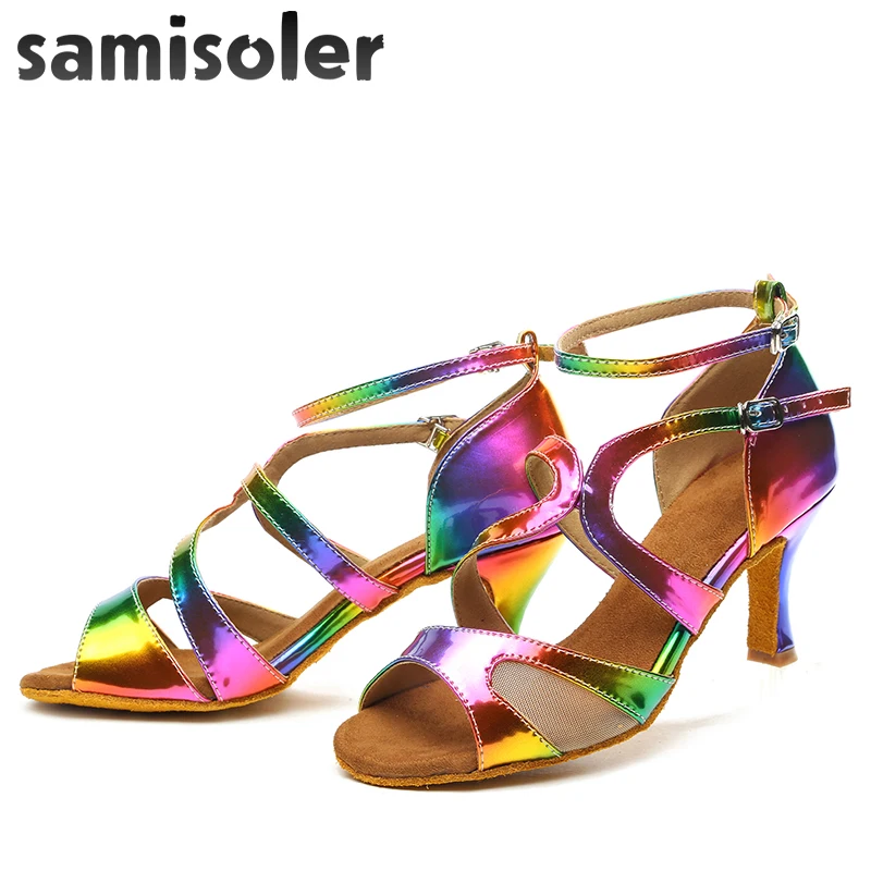 Samisoler Latin Dance Shoes Rainbow Colors bright PU Women\'s Salsa elegant Ballroom dancing shoes soft tango dance shoes heel