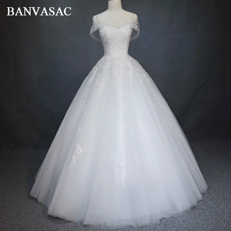 Banvasac-vestido de noiva bordado, manga curta, laço de cetim, novo, elegante, estilo barco, festa de casamento, 2017