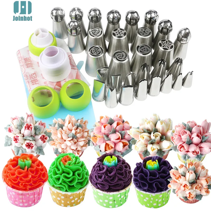 

drop shipping 43pcs /set russian nozzles rose tips and Cake Cream Decorating Disposable Icing Pastry bags three color coupler