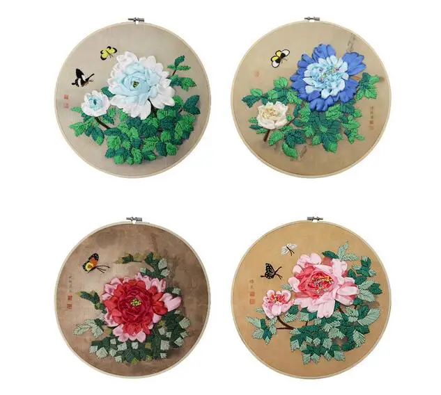 With bamboo hoop Peony flowers Ribbon embroidery kit flowers small pictures canvas fabric embroidery needlework home decoration