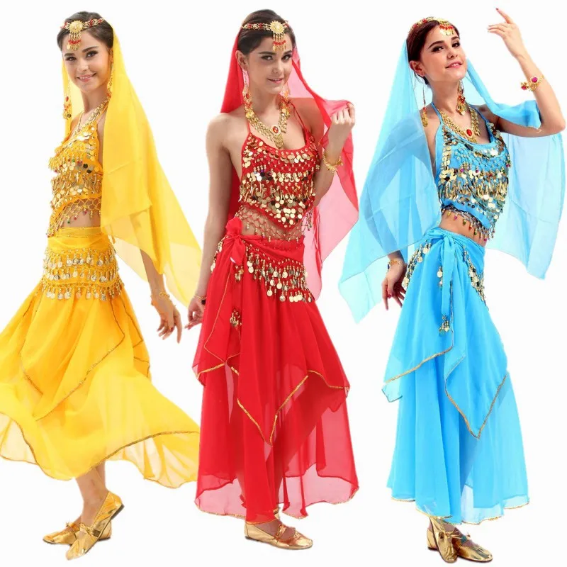 

2017 New 4pcs Set Belly Dance Costume Bollywood Costume Indian Dress Bellydance Dress Womens Belly Dancing Costume Sets Tribal
