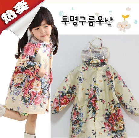 new 2014 children Flower raincoat  fashion female child rain coat  girl belt push-up raincoat poncho parent-child free shipping