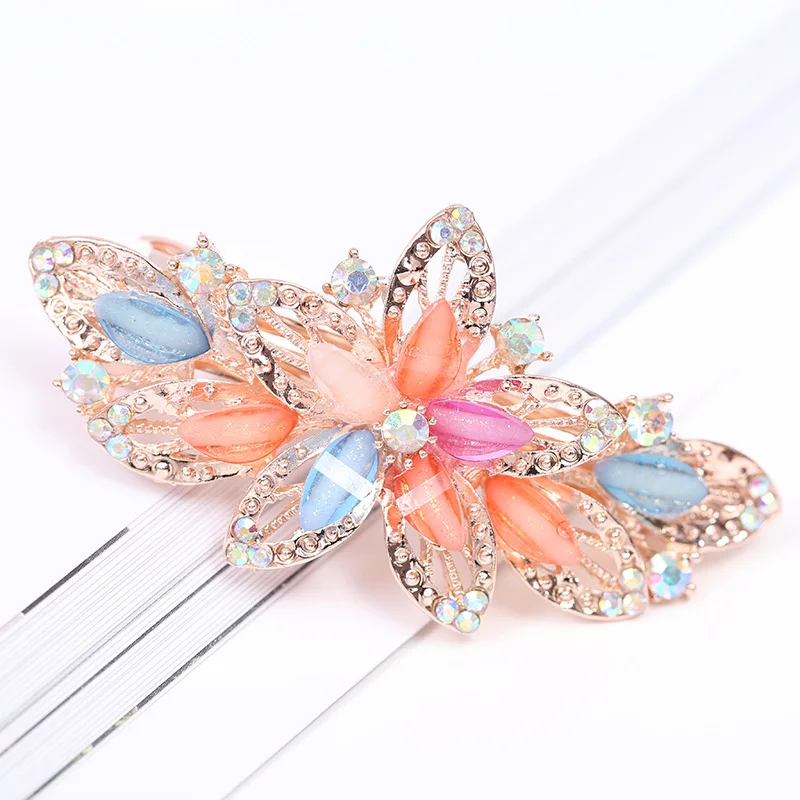 2018 New Luxury Crystal Hair Clip Opal Leaf Resin Flower Headwear Jewelry OL For Women Girls Elegant Barrettes Hair Accessorie