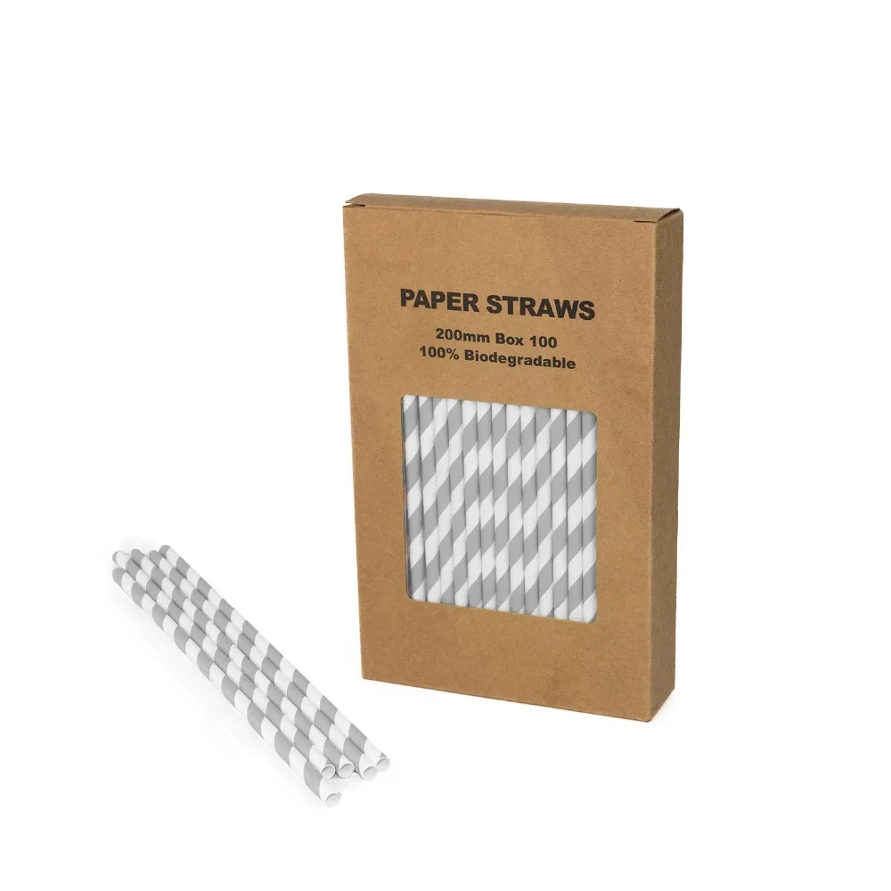 Free Shipping 100% Biodegradable Paper Straws Drinking Paper Straws Grey Striped Paper Straws 104 Box(100pcs)