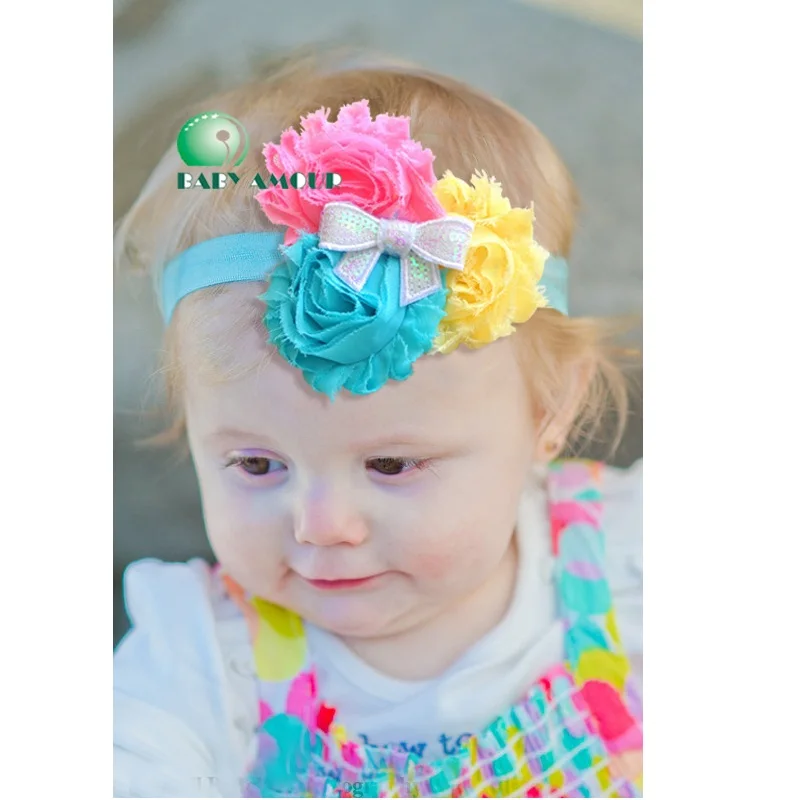 3 Flowers Baby Girl Hairband Newborn Headwear Children Tiaras Bandanas Kids Hairs Combs Elastic Hair Bands Flower 28Colors