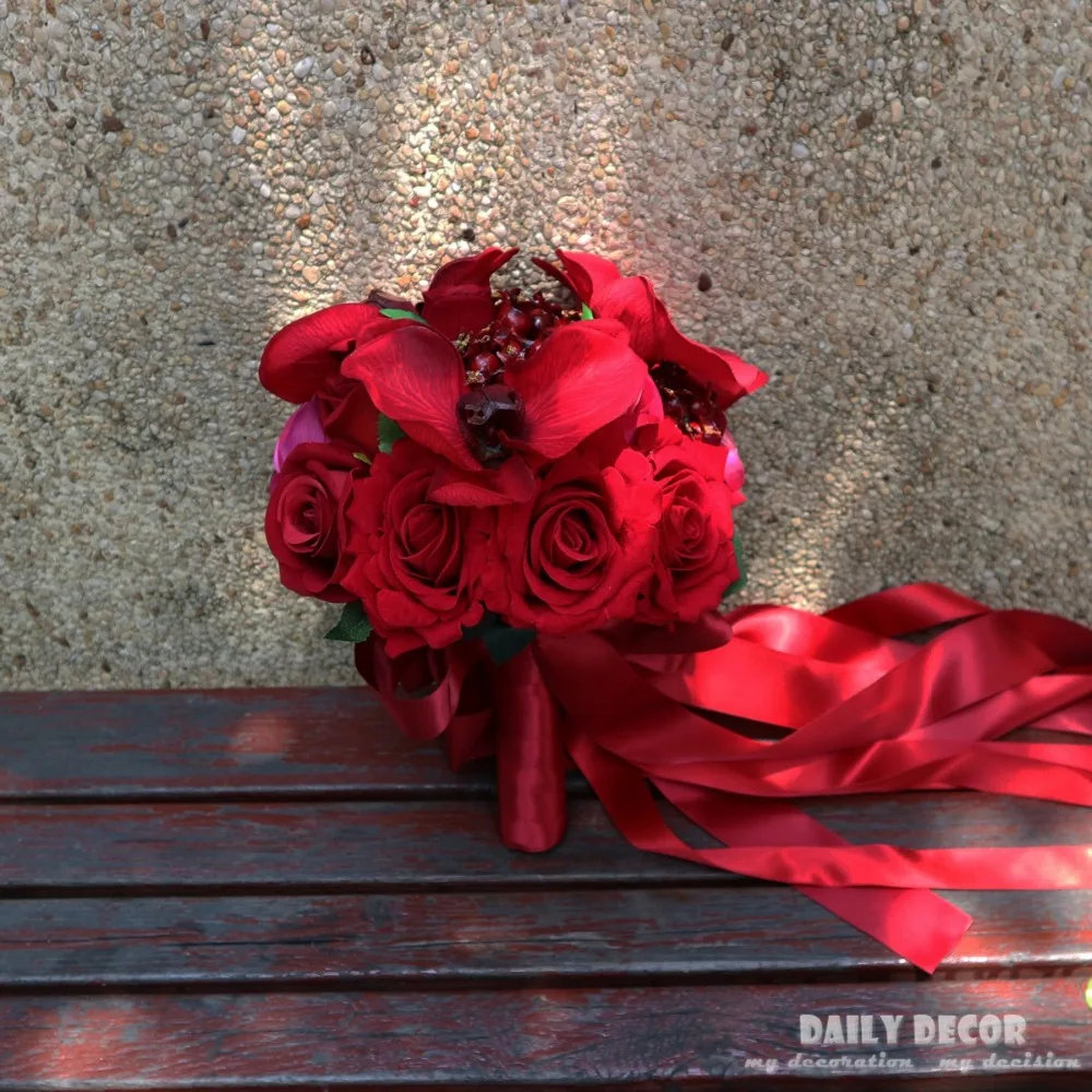 

New High simulation Red rose Phalaenopsis Artificial Flower Bride holding flowers Wedding Bridal Bouquet high quality bouquet