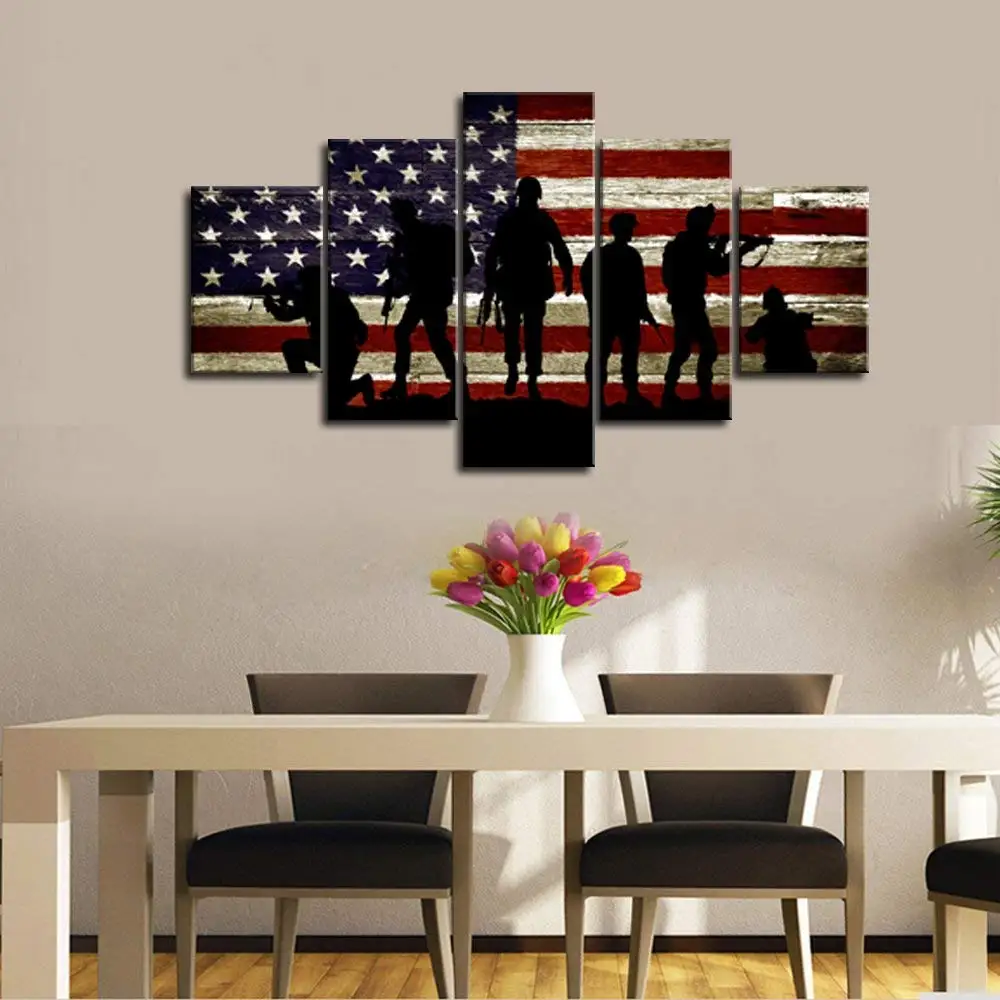 Canvas Home Decor Framework Wall Art Pictures 5 Pieces American Flag Paintings Living Room HD Prints Abstract Soldiers Posters