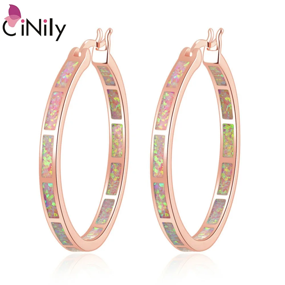 CiNily Pink Fire Opal Luxury Large Hoop Earrings Rose Gold Color Rainbow Round Circle Cocktail  Party Summer Jewelry Gifts Woman