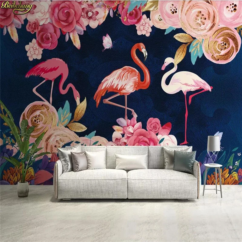 beibehang Custom photo wallpaper mural hand-painted botanical flower flamingo background wall paper mural papel de parede