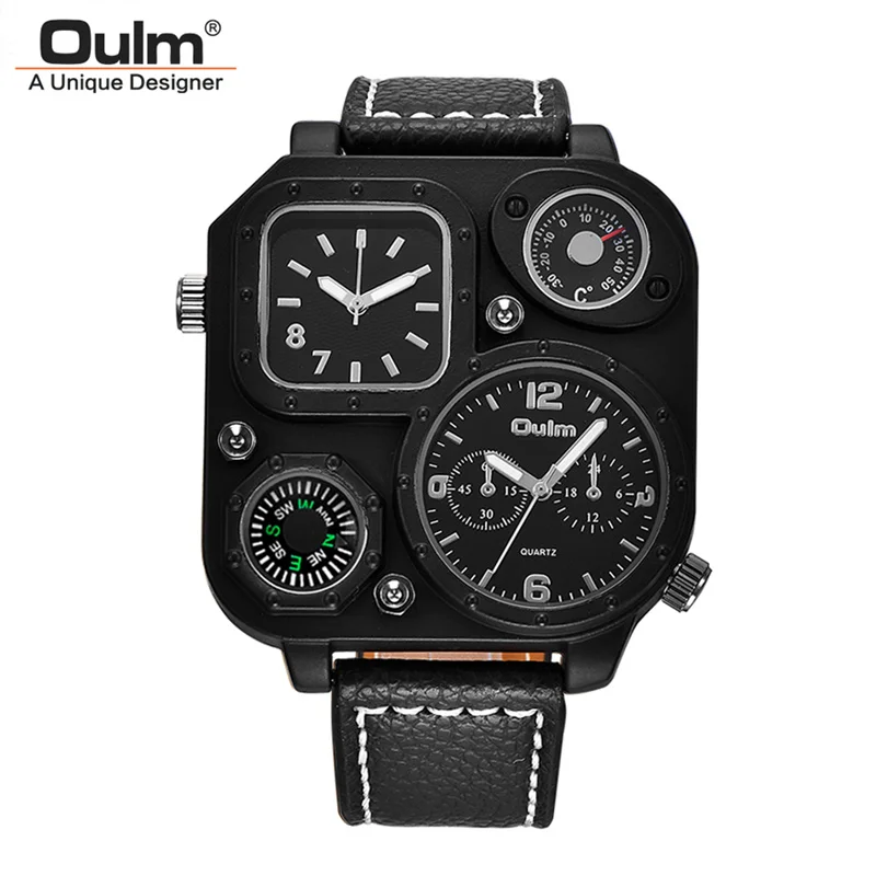 Oulm clássico preto relógios casuais masculino esporte relógio de quartzo duplo fuso horário relógio de pulso bússola decorativa luxo masculino