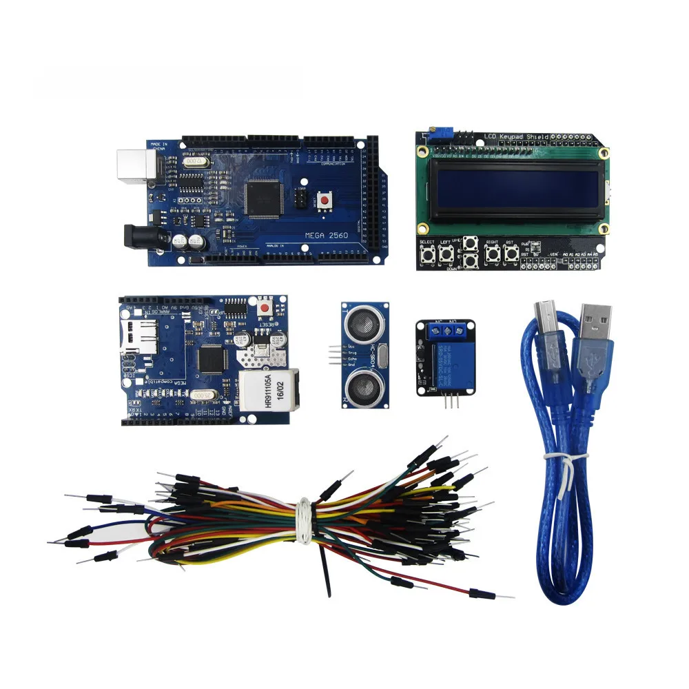 Mega 2560 r3  kit + HC-SR04 +breadboard cable + relay module+ W5100 UNO shield + LCD 1602 Keypad shield