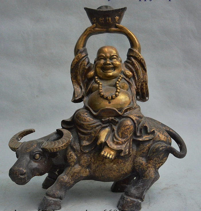 Marked China Buddhism Bronze Wealth Cattle Yuan Bao Happy Maitreya Buddha Statue