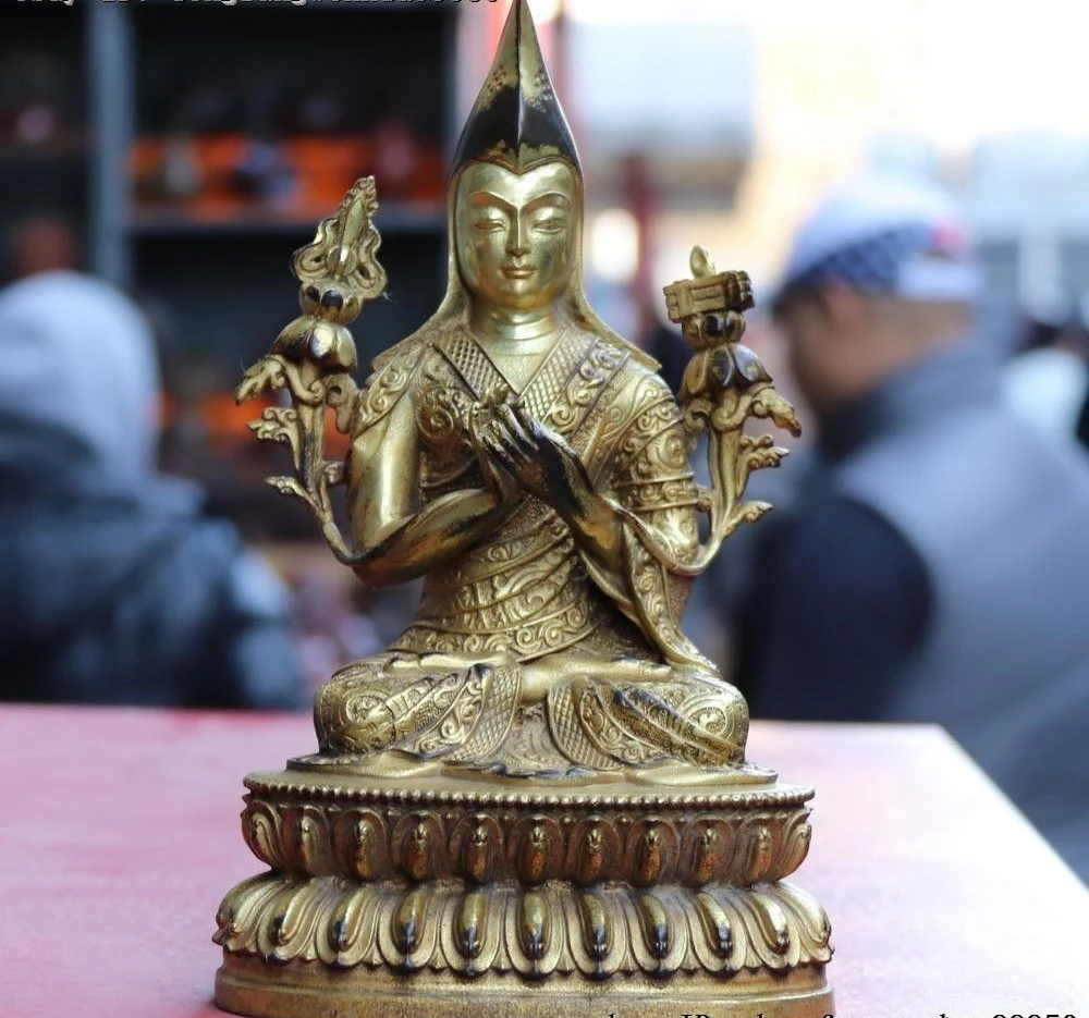 Old Tibetan Copper Gilt Buddhism Je Tsongkhapa Lama Guru Buddha Sculpture Statue