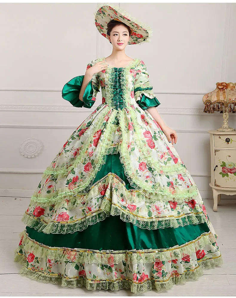 Deluxe 18th Century Coronation Ball Gown Medieval Historical Halloween Victorian Dress Gothic Party Cosplay Costume with hat