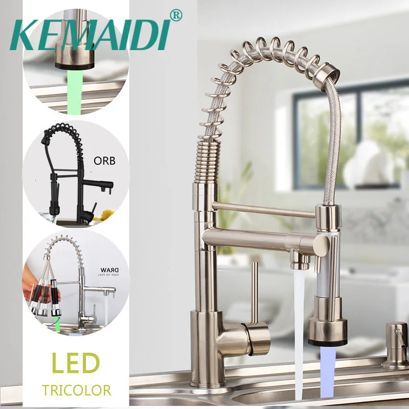 KEMAIDI Spring Kitchen Faucet Pull out Side Sprayer Dual Spout Single Handle Mixer Tap Sink Faucet 360 Rotation Kitchen Faucets