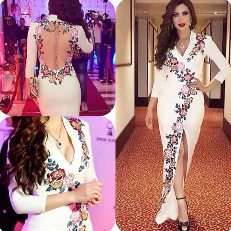 3/4 Sleeves Robe De Soiree V Neck Vestido De Festa 3D Embroidery Lace Flowers Split Wedding Party Dress