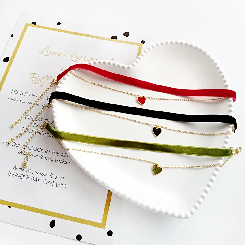 Green Black Red Korean Cute Multi Layer Heart Chains Lace Chokers Necklaces for Women Velvet Choker Necklace Bohemia image 4