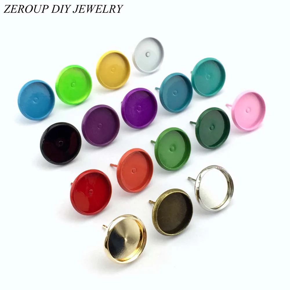 

12mm Stud Earring Round Silver Color Antique Bronze Plated Glass Cabochon Base Earring Setting Supplies for Jewelry 20pcs/lot