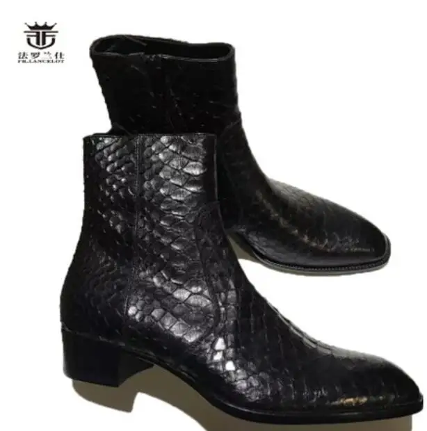 2019 FR.LANCELOT New fashion print real leather ankle boots top chelsea short boots men snakeskitn pattern autumn boots men