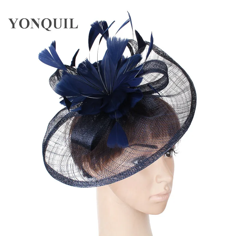 NEW NAVY BLUE HOT Sinamay Fascinators Hat With Feather For Wedding Kentucky Derby Ascot Races Melbourne Cup Church Hair Clips