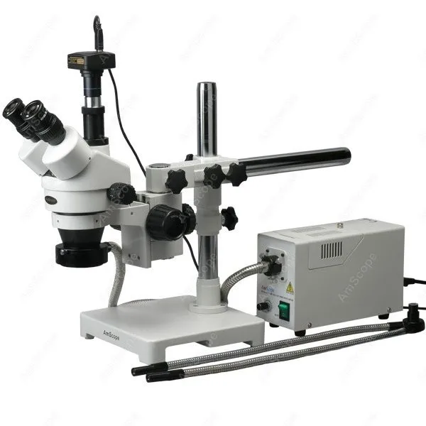 AmScope Trinocular Stereo Microscope 3.5X-90X+150W Halogen Dual Gooseneck & Ring Lights+5MP Camera on Single Arm Stand