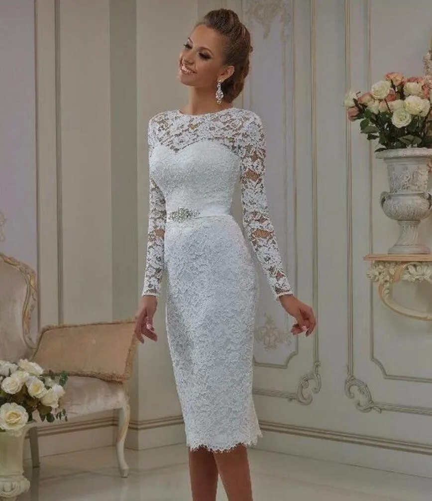 

Vintage Lace Tea Length Short Wedding Dresses 2025 With Long Sleeves Sheath Jewel Neck Casual Bridal Gowns robe de mariage