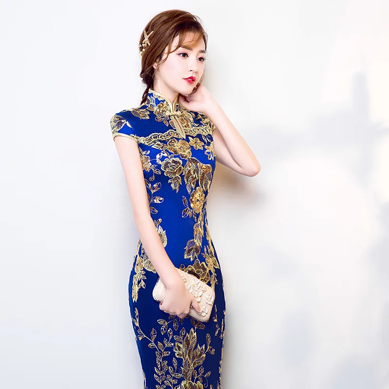 Blauwe bruiloft cheongsam oosterse avondjurk Chinese traditionele dames elegante qipao sexy kant lang gewaad retro vestido