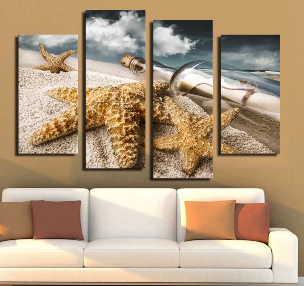 4 PCS Waterfall among Glass bottle and Yellow sea star Decorative Painting, Oil Painting,Wall Painting,Canvas Prints for Home