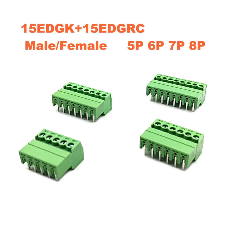 5Pcs Pitch 3.81mm Screw Plug-in PCB Terminal Block 15EDGK RC 5 6 7 8 Pin Right Angle Male/Female Pluggable Connector Morsettiera