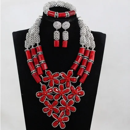 

New Red and Silver Women Costume Bib Statement Flower Necklace Set Fantastic Red Coral Wedding Beads African Jewelry Sets ABH775