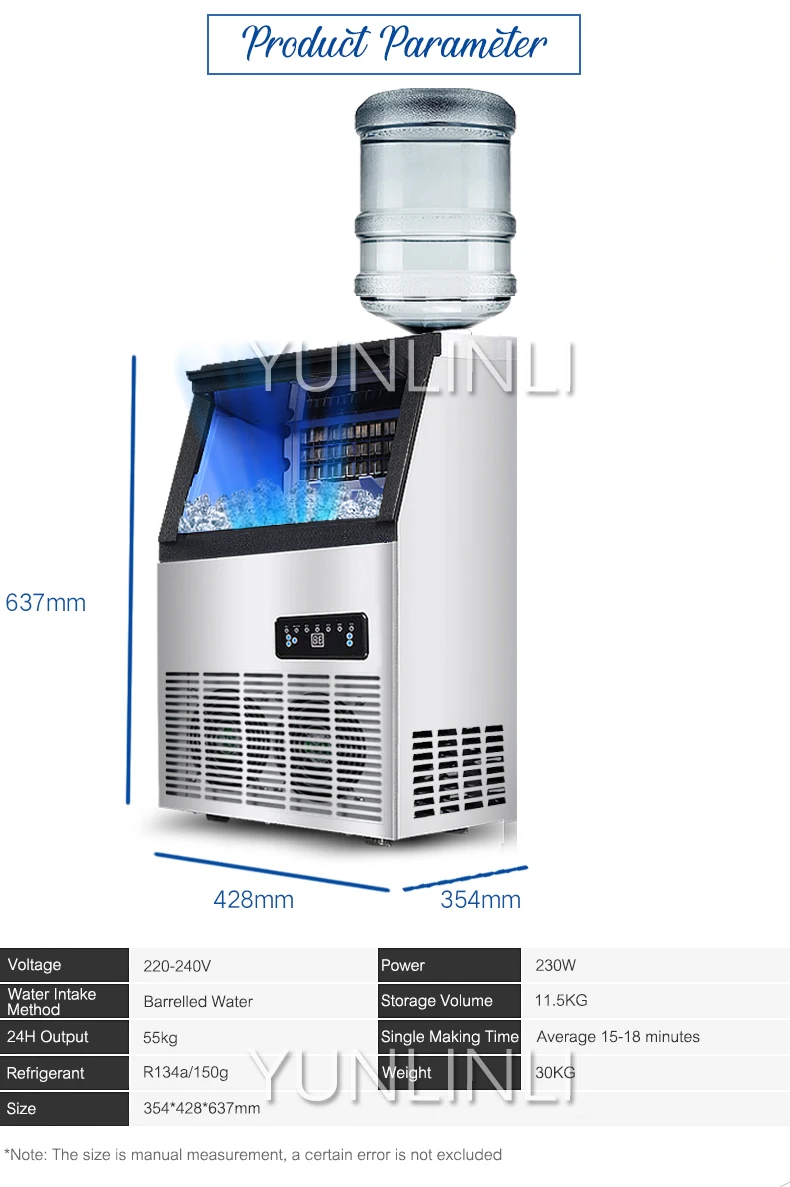 55kgs/24H macchina per fabbricare il ghiaccio elettrica commerciale di forma quadrata dell'acqua in bottiglia dell'acciaio inossidabile del creatore di ghiaccio HZB-50t