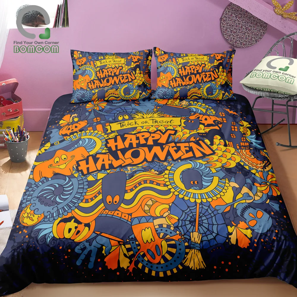 BOMCOM 3D Digital Printing Happy Halloween Retro Styled Doodle Creative Elements of Holiday Duvet Cover 100% Microfiber Orange