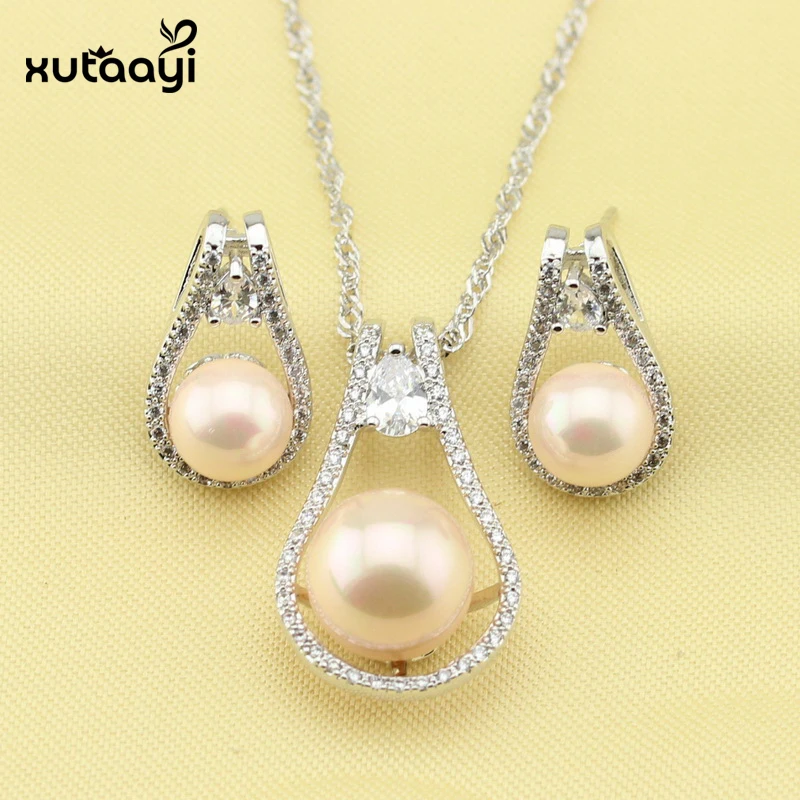 Imitation Pearl Jewelry Sets, Attractive White Crystal Sterling Silver Overlay Earrings and Necklace For Women Free Gift Box