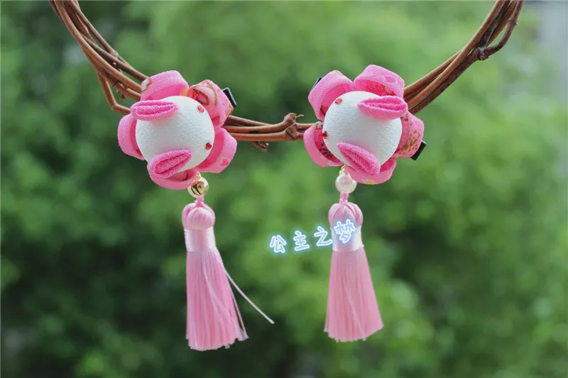 Girl Princess Tsumami  Kanzashi Festival Present Tassel Ribbon Rabbit Hair Clips Pink Kimono Accessories HW012-1