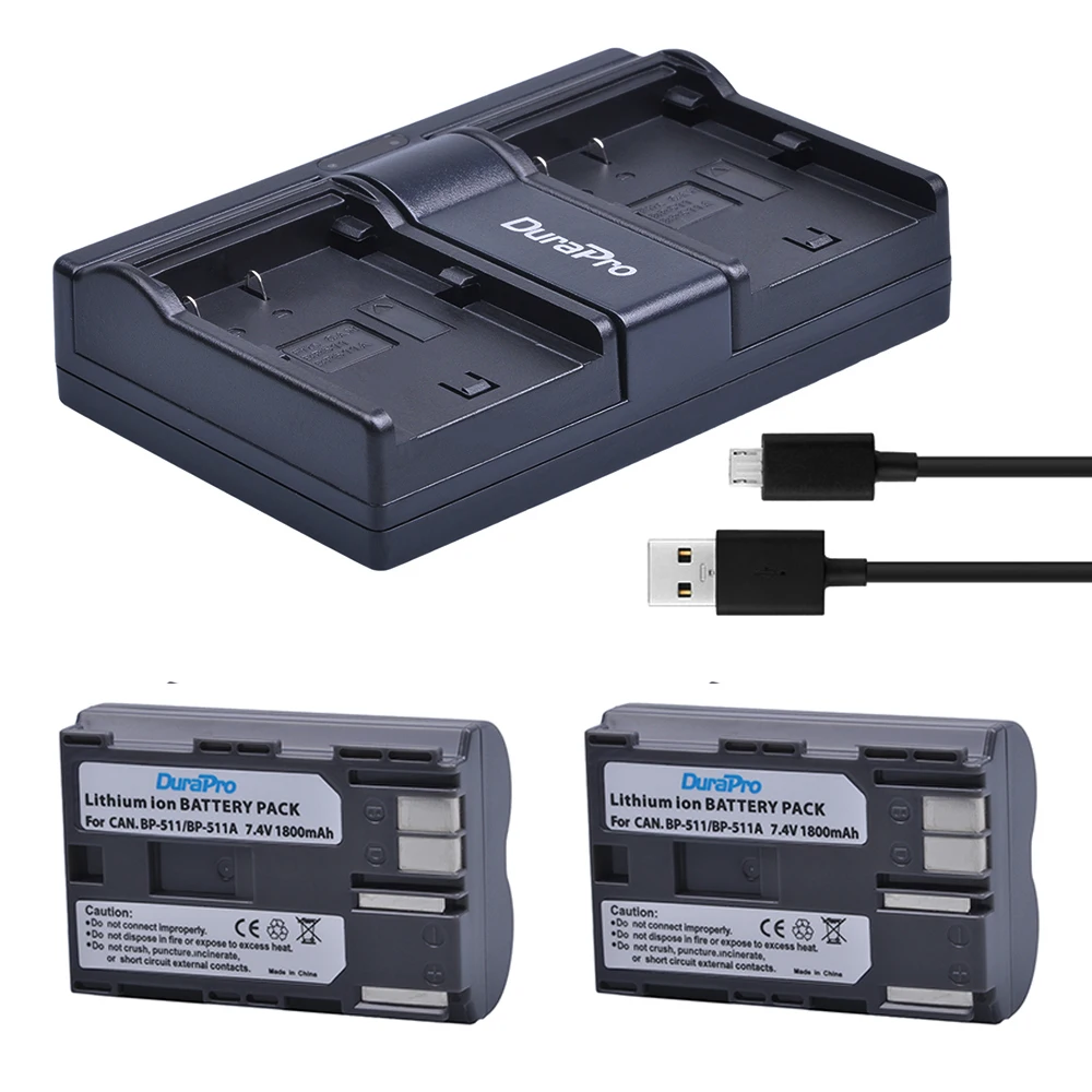 1800mAh BP-511 BP 511 BP-511A Camera Battery + US Dual Charger for Canon BP-511 BP-511A EOS 50D 40D 30D D60 D30 5D MV300i