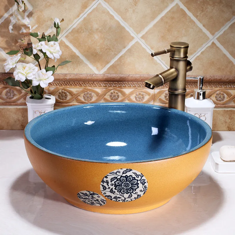 Porcelain Cloakroom Round Wash Basin Lavabo Counter top Sink Vessel Bathroom Hand Paint Art Wash Bowl