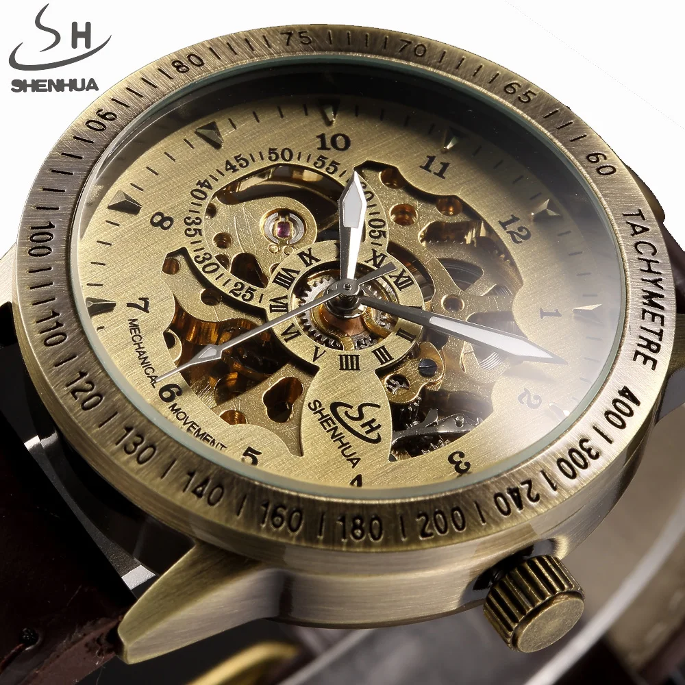 

SHENHUA Vintage Bronze Men Wristwatches Skeleton Male Clock Leather Strap Steampunk Casual Watches Automatic Mechanical Watch