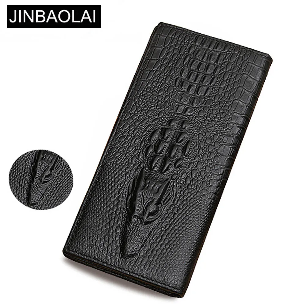 JINBAOLAI Genuine Cow Leather Long Men Wallet Europe Zipper Pocket Card Holde Male Purse Crocodile Coin Pocket Fold Men Wallet