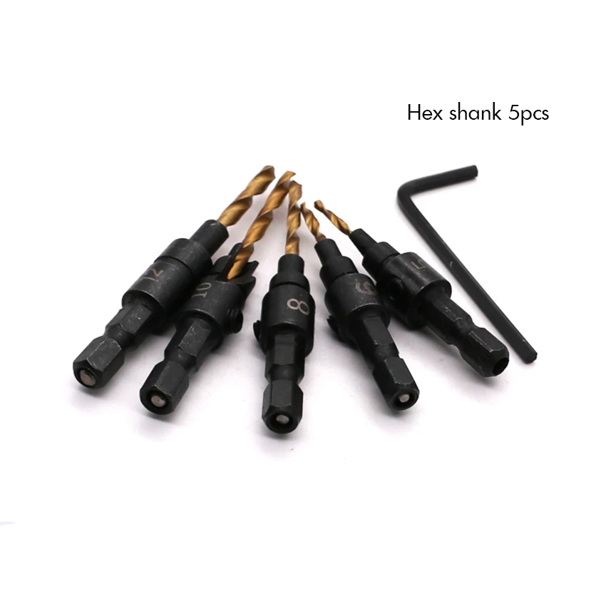 5 pces/4 pces conjunto bancada broca carpintaria broca 5 #6 #8 #10 #12 #14 # hex shank, furo piloto de perfuração de haste redonda para parafuso