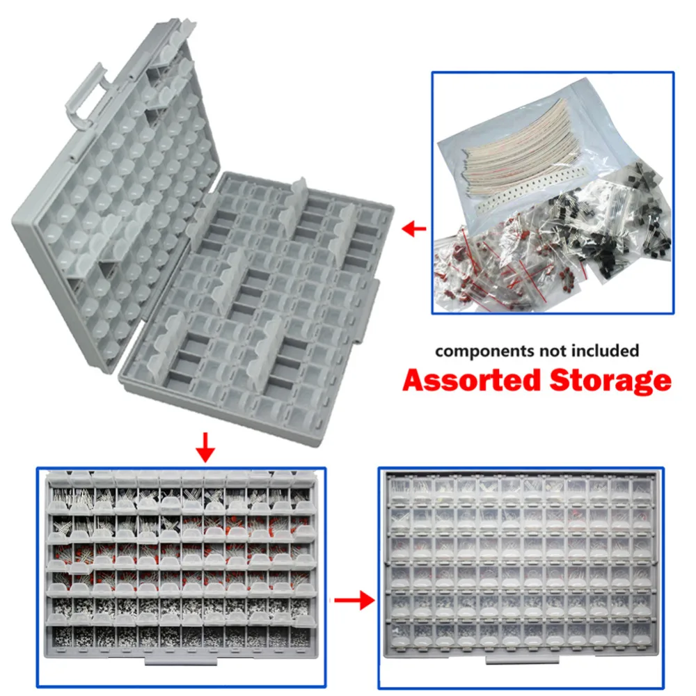 AideTek BOX-ALL-144 Compartments SMD Resistor Capacitor Beads Storage white Box Organizer plastic toolbox