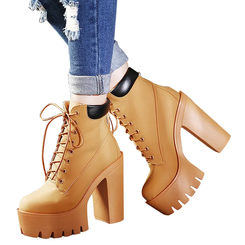 Gdgydh Fashion Spring Autumn Platform Ankle Boots Women Lace Up Thick Heel Platform Boots Women\'s Chunky Heeled Short Boots