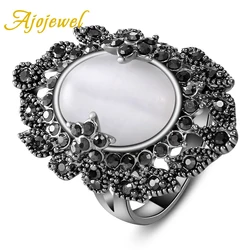 Ajojewel Palace Retro White Opal Ring For Women With Black Crystal Flower Elegant Fashion Ladies Jewelry Beauty Gifts